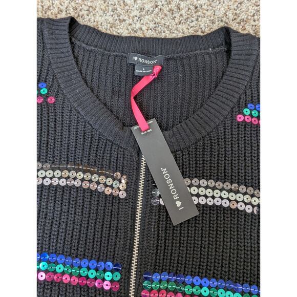 I Heart Ronson Sequin Zip Front Black Ribbed Cardigan Sweater Large New w/ Tags - Picture 7 of 11